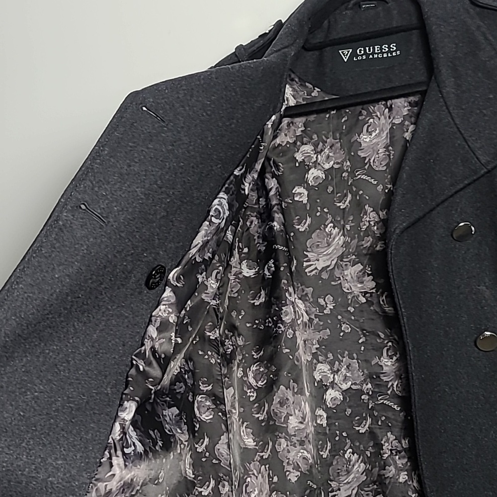 GUESS LOS ANGELES Dark Grey Wool Long Sleeve Button Up Coat Size Petite Small - Picture 7 of 16